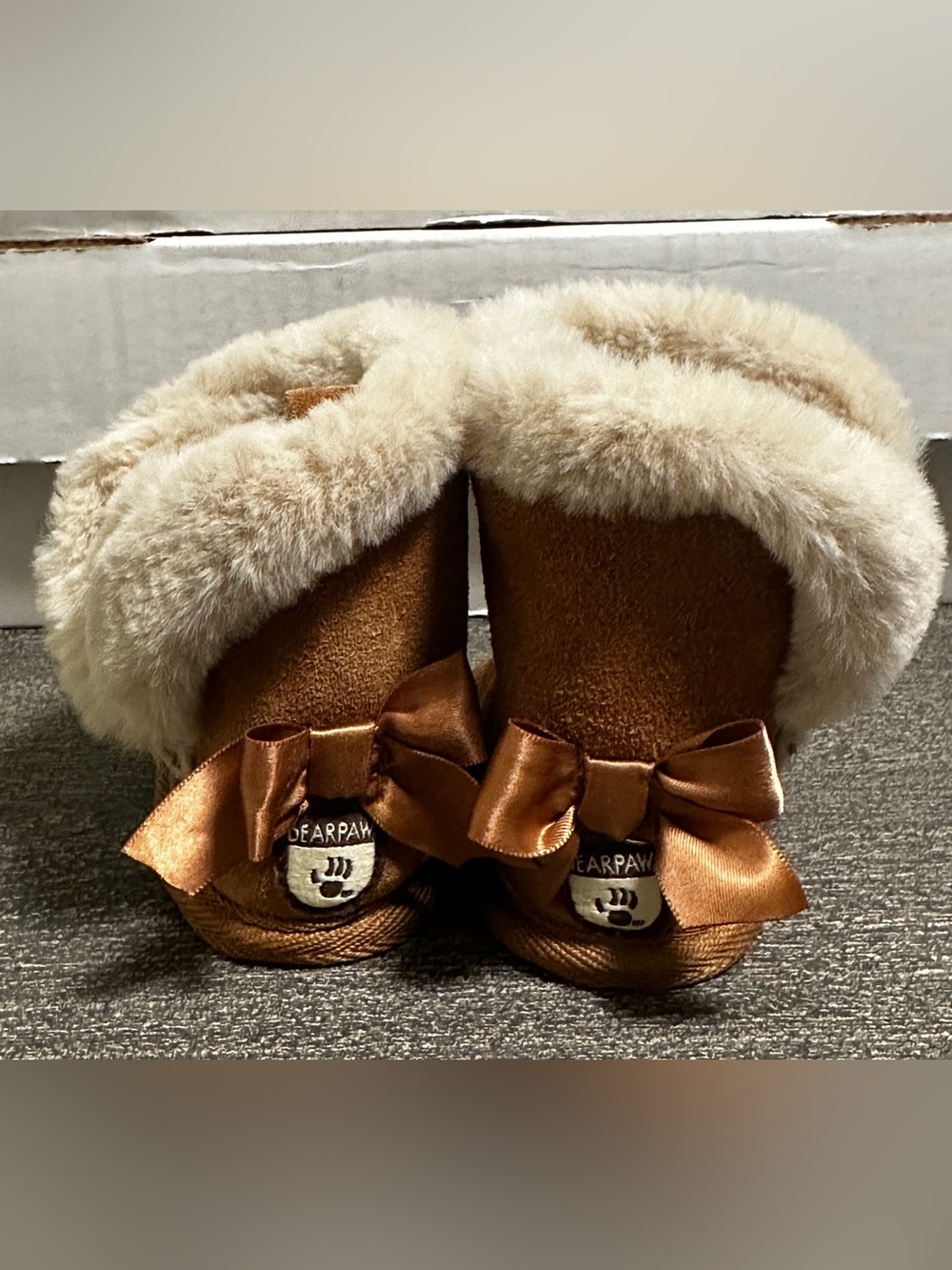 BearPaw Baby 0-6 m Brown Faux-Suede Booties with Cream Fur Trim and Satin Bow